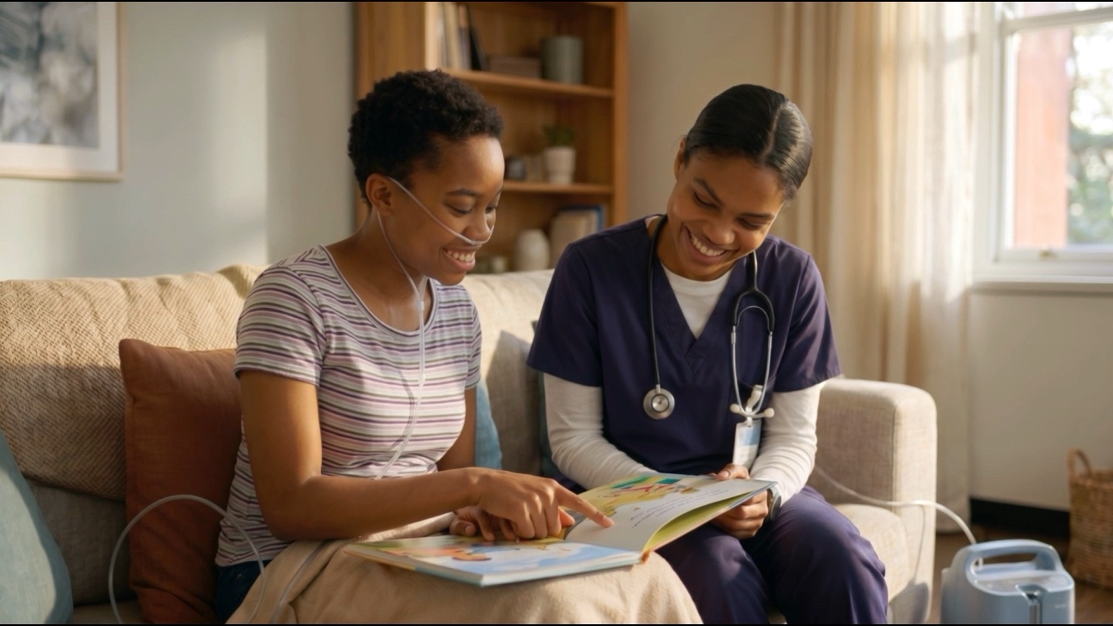 A Revive nurse reading with a young patient at home