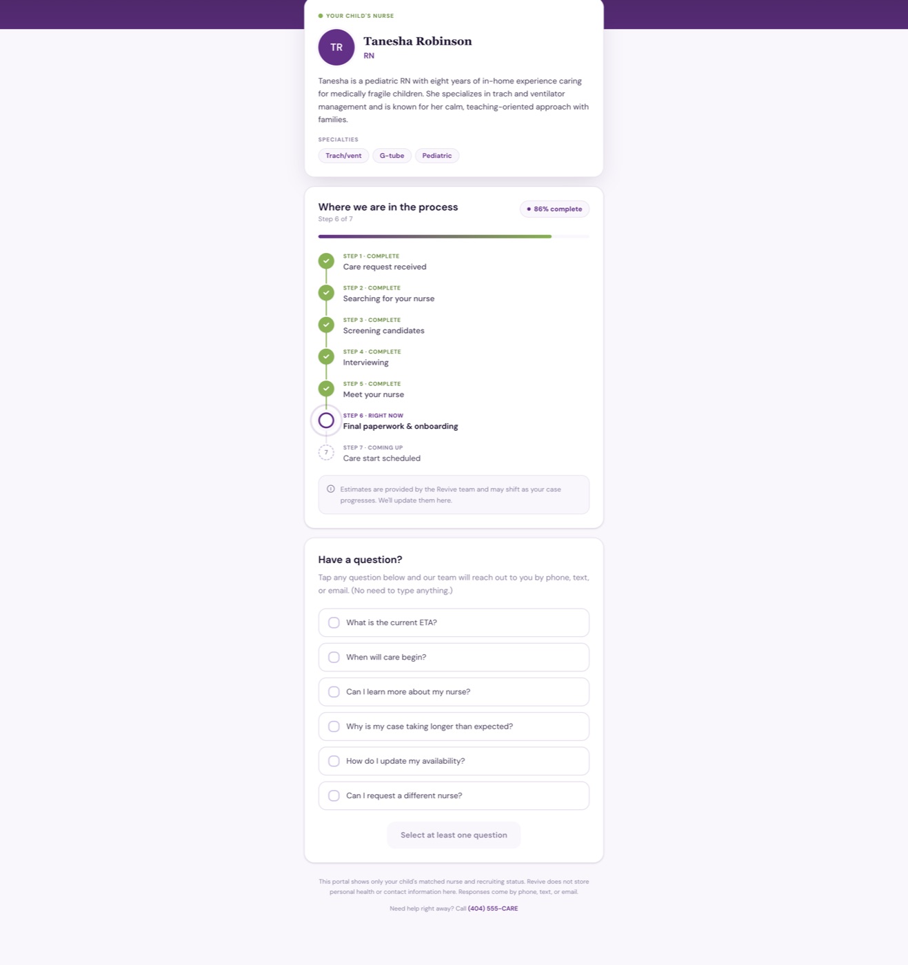 Family portal with progress timeline and one-tap questions